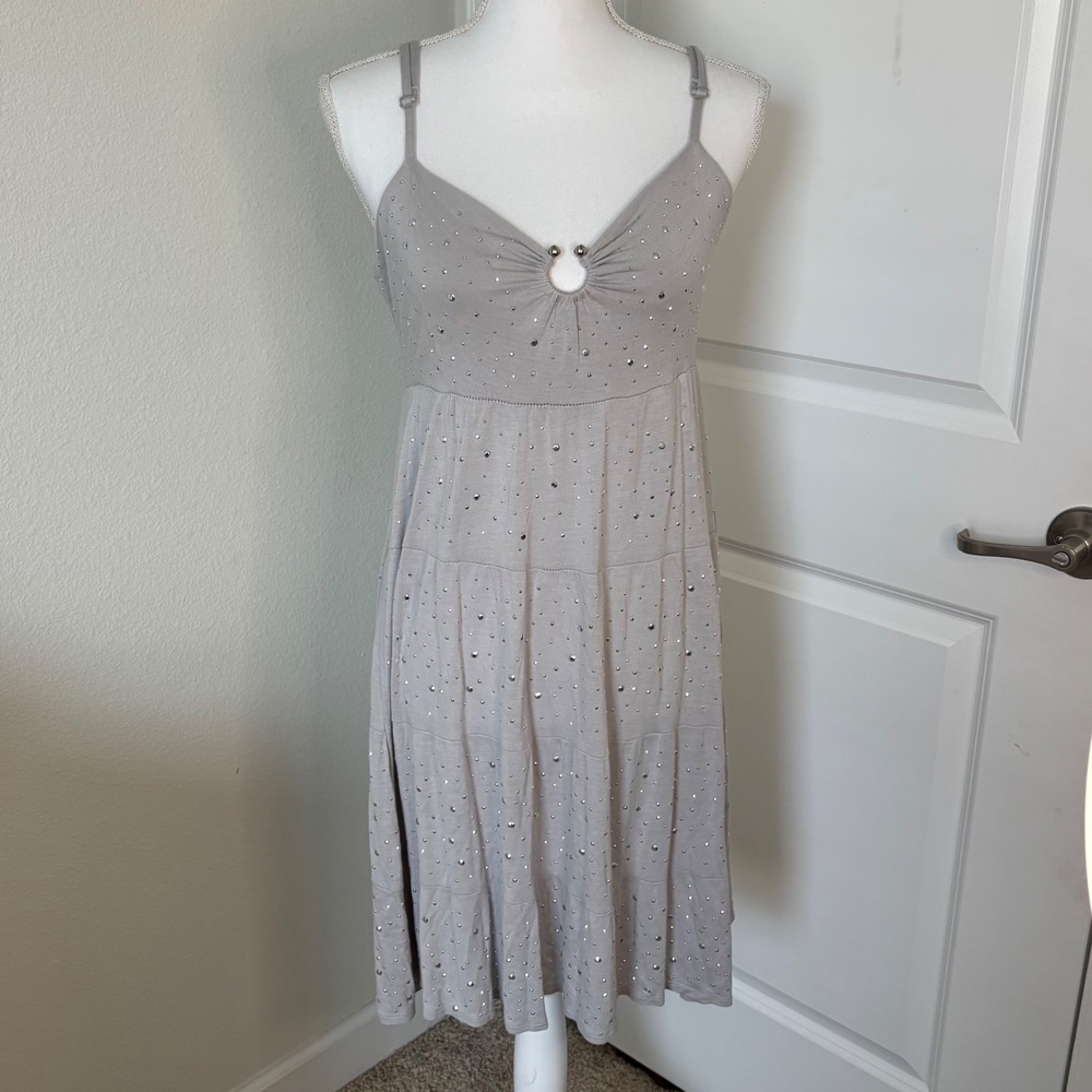INC International Concepts Gray Rhinestone Tiered Knit Cami Dress Large